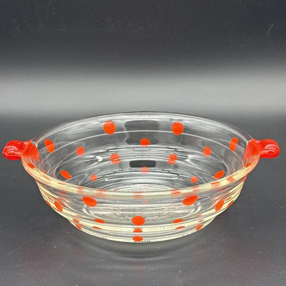 Vintage 1920s Glasbake Red Polka Dot Bowl Tab Handles Textured Bottom #55